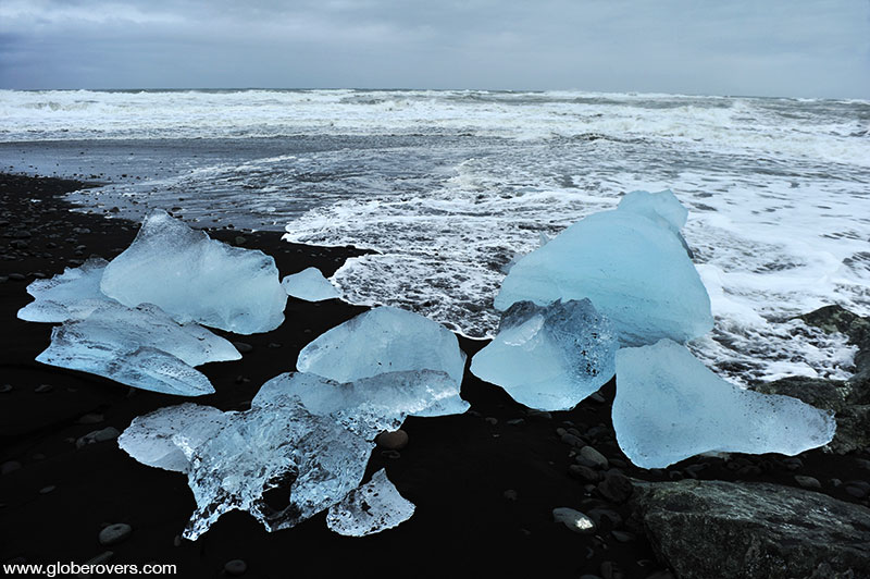 Glacier ice on the black sand beach at Jökulsárlón, Iceland