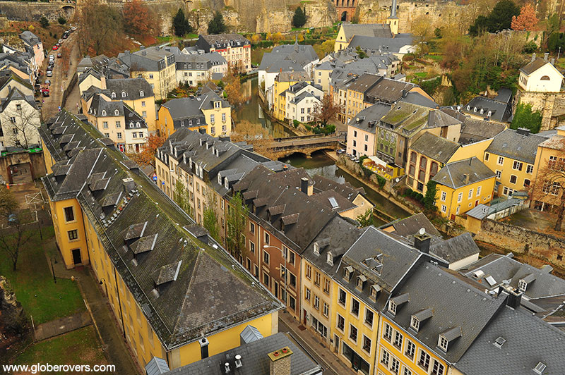View from the Ville Haute ("High City") to the Ville Basse ("Low City") and the Grund in the River Alzette gorge, LUXEMBOURG
