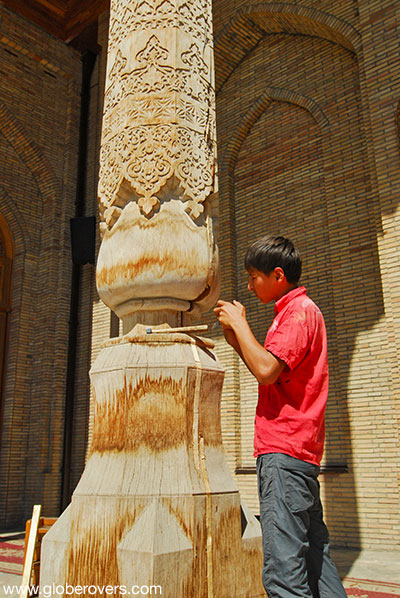 Restoring woodwork at the Khast Imam complex, Tashkent, Uzbekistan