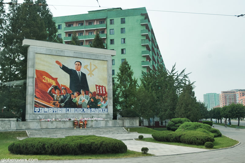 Propaganda billboards on the streets of Pyongyang, North Korea