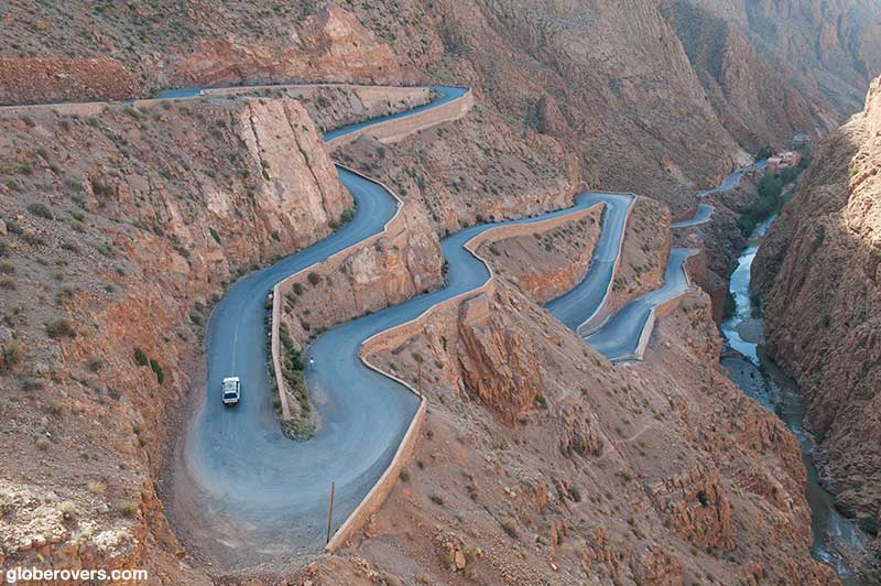 Driving down the winding road at Dadès Gorges, Morocco