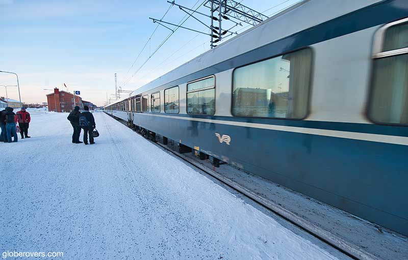 Boarding the train from Kemi north to Rovaniemi, Finland