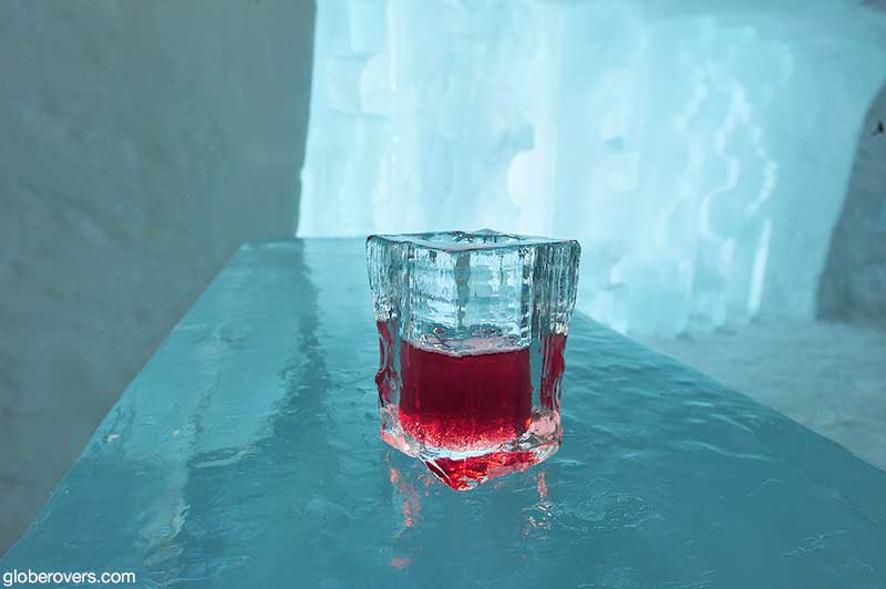 Glass carved from ice at the Absolut Vodka Ice Bar at Ice Hotel, Village of Jukkasjärvi, Sweden