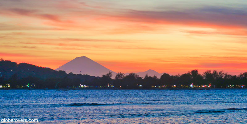 View of Gili Trawangan and Bali's Mount Agung as seen from Gili Meno Island, Indonesia