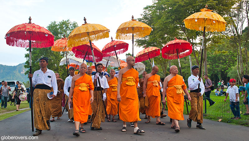 Monks walk in the Waisak festival parade near Borobudur, Central Java, Indonesia