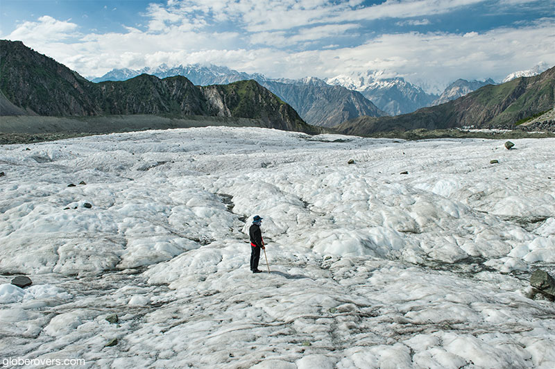 Walking on Minapin Glacier at Rakaposhi Base Camp, Hunza Valley, Pakistan