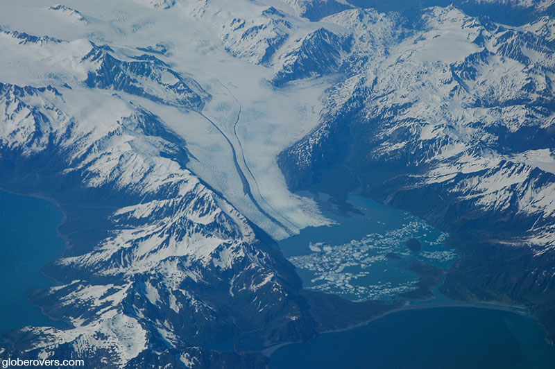 Flying high over Bear Glacier in the Kenai Mountains in Kenai Fjords National Park