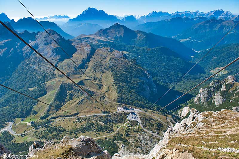 Cable car ride up to Rifugio Lagazuoi, Monte Lagazuoi, Cortina d'Ampezzo, Dolomites, Italy