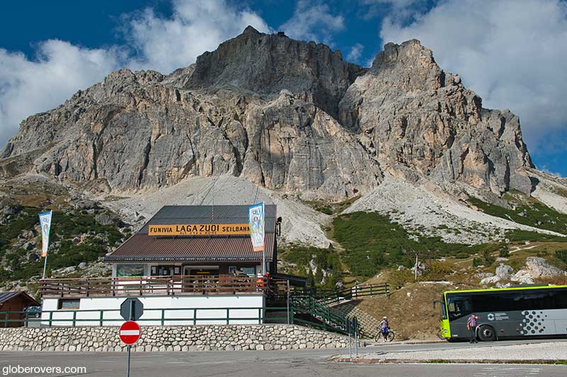 At the base of the cable car up to Rifugio Lagazuoi, Monte Lagazuoi, Cortina d'Ampezzo, Dolomites, Italy