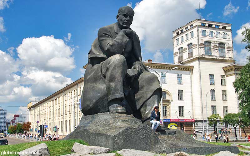 Yakub Kolas Square - The statue of Yakub Kolas, the folk poet and one of the founders of the classic Belarusian literature, on the square named after him in 1956. The statue dates back to 1972. Yakub was born in 1882. Minsk, Belarus