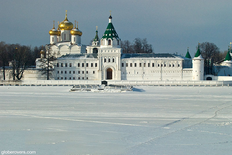 While not a glacier, the frozen Kostroma River is deep solid ice in front of the St. Ipaty Monastery, Kostroma, Russia