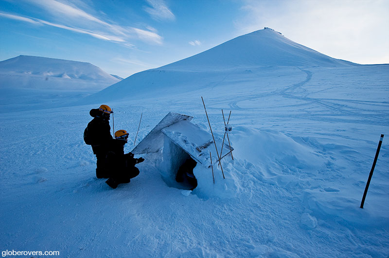 Entrance to climb down below the glacier - first by rope and then by ladder, Svalbard Islands, Norway.
