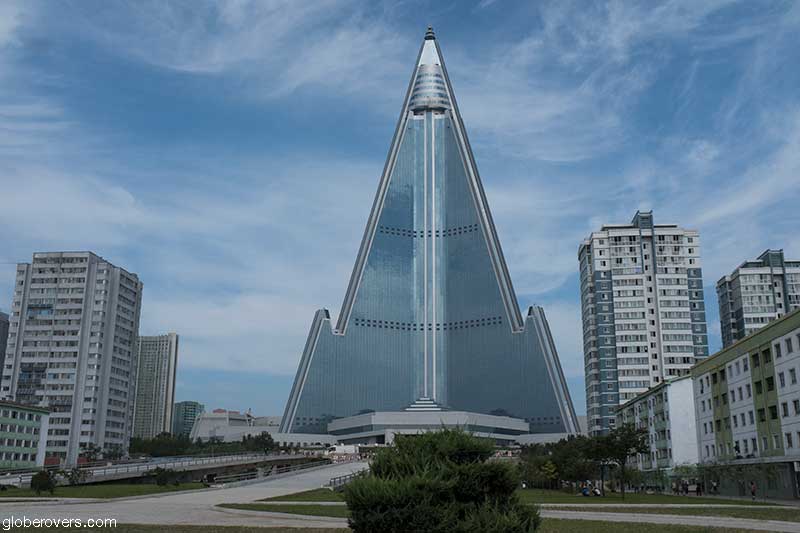 The Ryugyong Hotel, Pyongyang, a 32-year old unfinished 105-story, 330-metre-tall (1,080 ft)