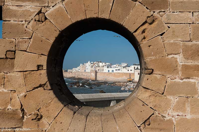 City view from a canon hole at the fortress of Scala del Mar, Essaouira, Morocco