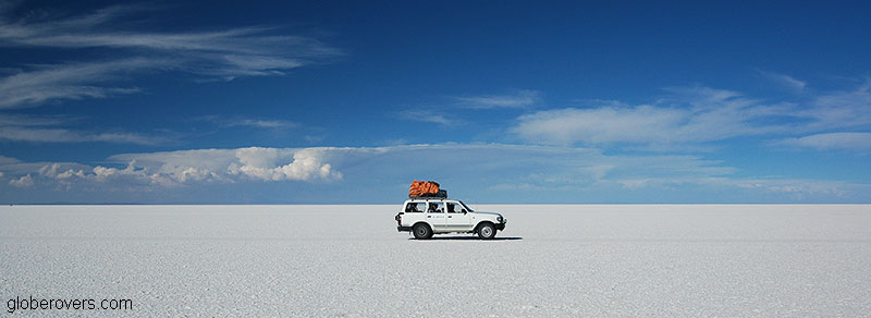 Driving across Salar de Uyuni, Bolivia