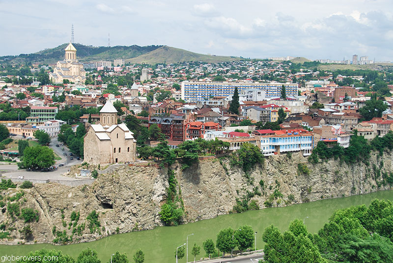Tsminda Sameba (B) Metekhi Church (F) along Mtkvari River, Tbilisi, Georgia