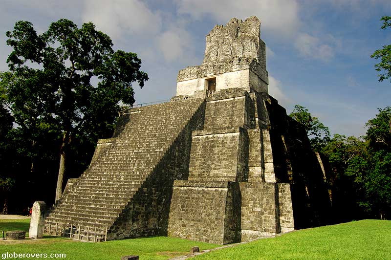 Temple of Ah Cacao (a.k.a. Temple of the Great Jaguar, and Tikal Temple I), built around A.D. 700-750. It rises 47 m above the jungle floor of Tikal.