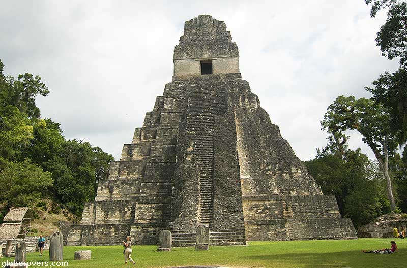 Temple of Ah Cacao (a.k.a. Temple of the Great Jaguar, and Tikal Temple I), built around A.D. 700-750. It rises 47 m above the jungle floor of Tikal.
