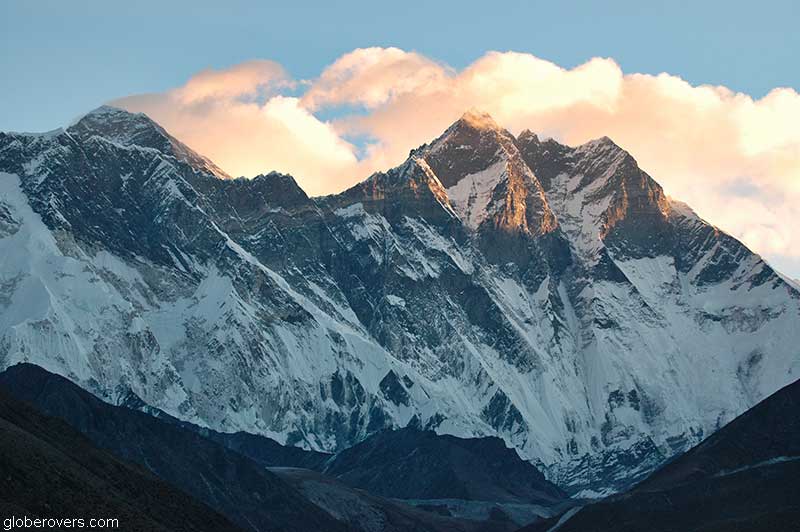 The summit of Mount Everest on the left, viewed from south of Tengboche, Himalayas, Nepal