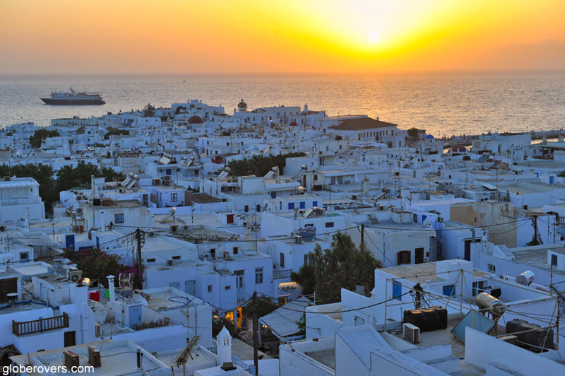 Sunet over the Old Port City of Mykonos Island, Greece