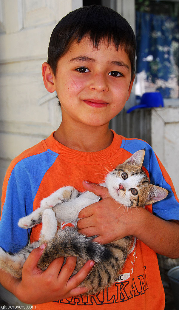 Boy and cat, Khorog, Tajikistan