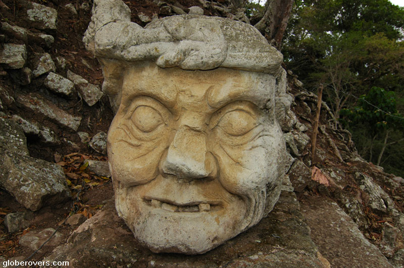 Head of statue next to Temple 11, Copan Archaelogical Ruins, Honduras
