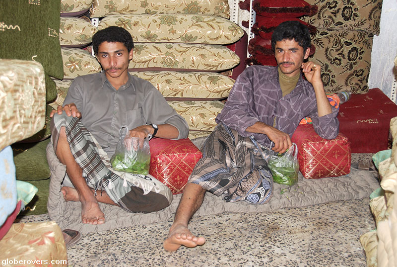 Men chewing qat, or khat in Sana'a, Yemen