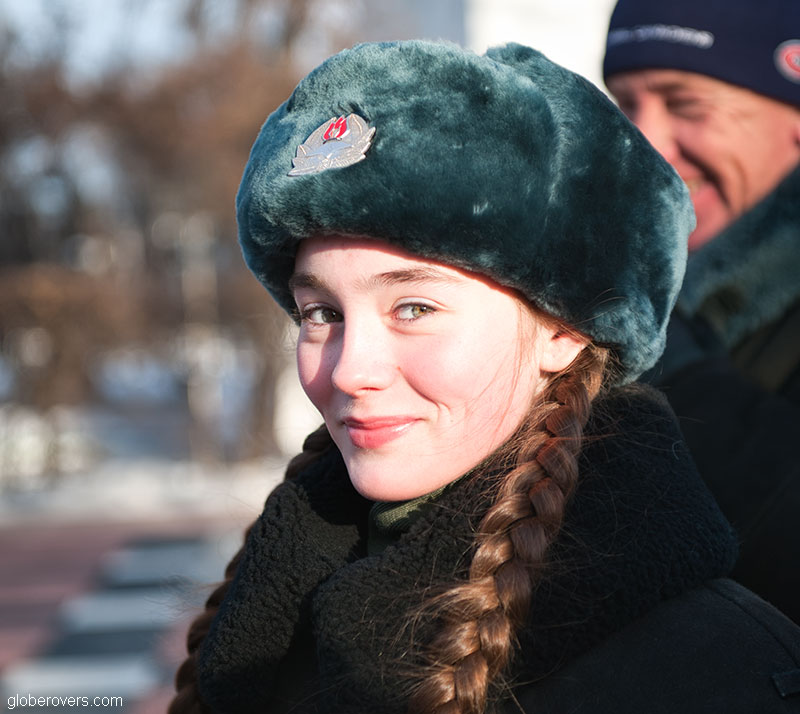 Russian Lady at Changing the guard at the Eternal Flame in front of the Regional Policy Office, Irkutsk, Siberia, Russia 