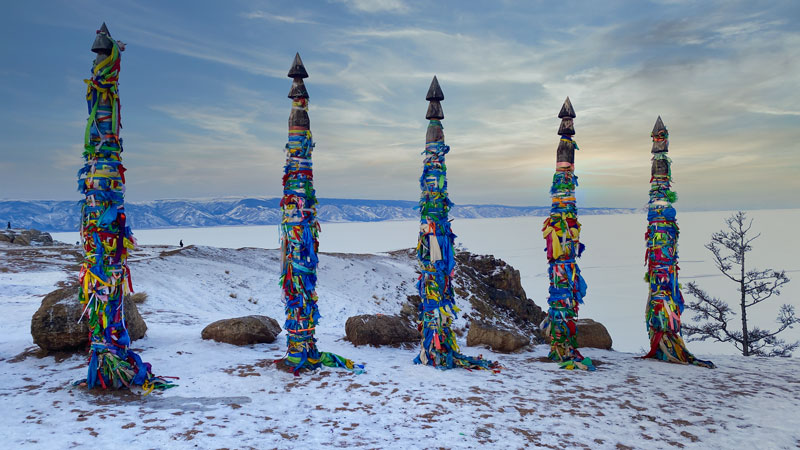 Totem Poles Olkhon Island, Lake Baikal, Siberia, Russia