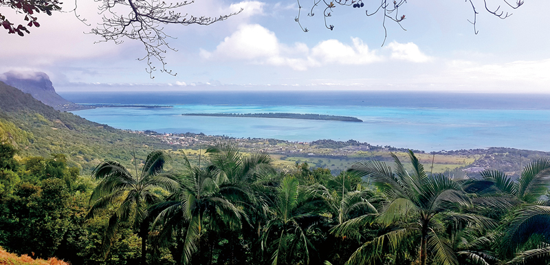 View from Le Chamarel Panoramic Restaurant overlooking Ile aux Benetiers and Le Morne Brabant Peninsula