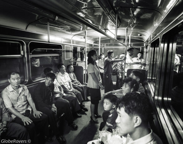 Inside the Metro train. Pyongyang, North Korea, DPRK