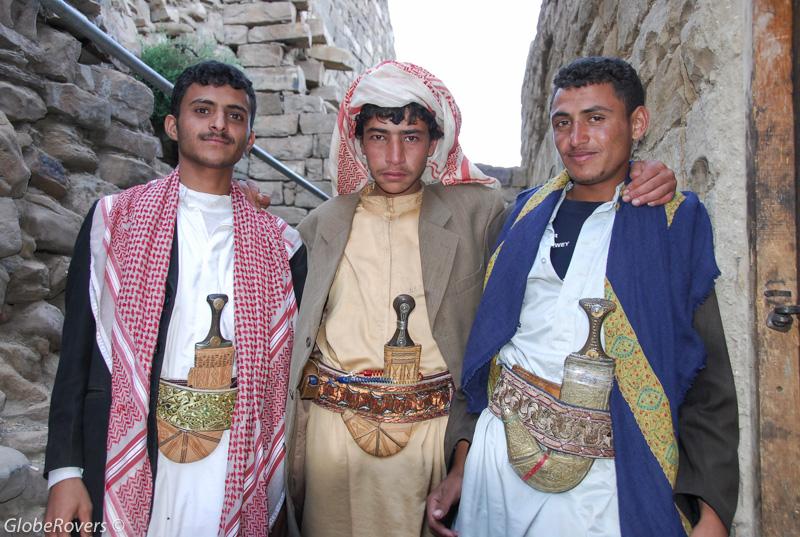 Young men in Thula wearing their jambiya dagger, Yemen