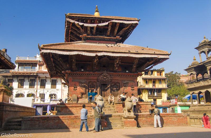 LtoR: Narsingha Temple, Vishnu Temple, Krishna Mandir Temple, Vishwanath Temple , King Yoganarendra Malla's Statue (F), Bhimsen Temple (far R) Patan, Nepal